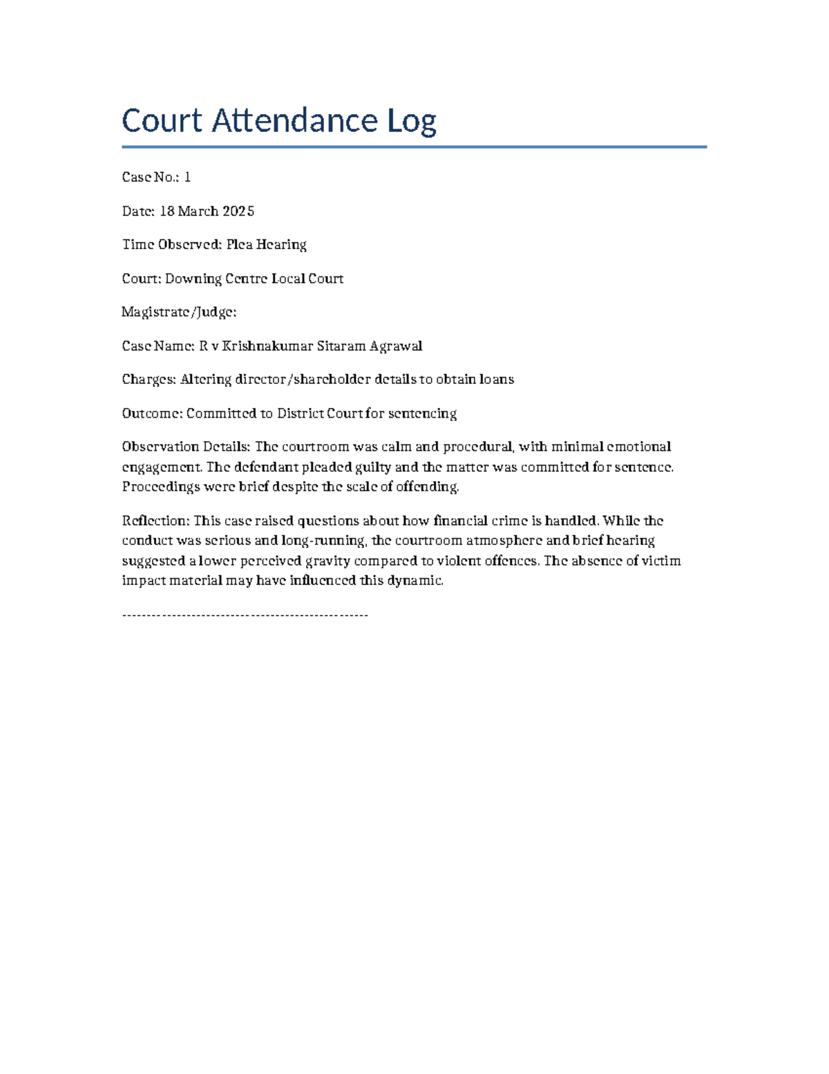 Formatted Court Observation Log - Court Attendance Log Case No.: 1 Date ...