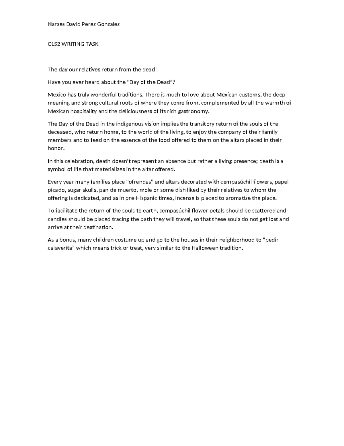 C1S2 Writing Task: The Day Our Relatives Return from the Dead - Studocu