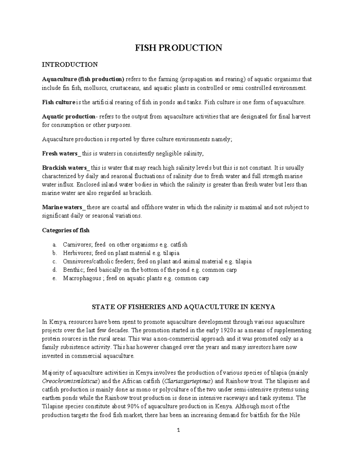FISH 101: Introduction to Aquaculture and Fish Production Techniques ...