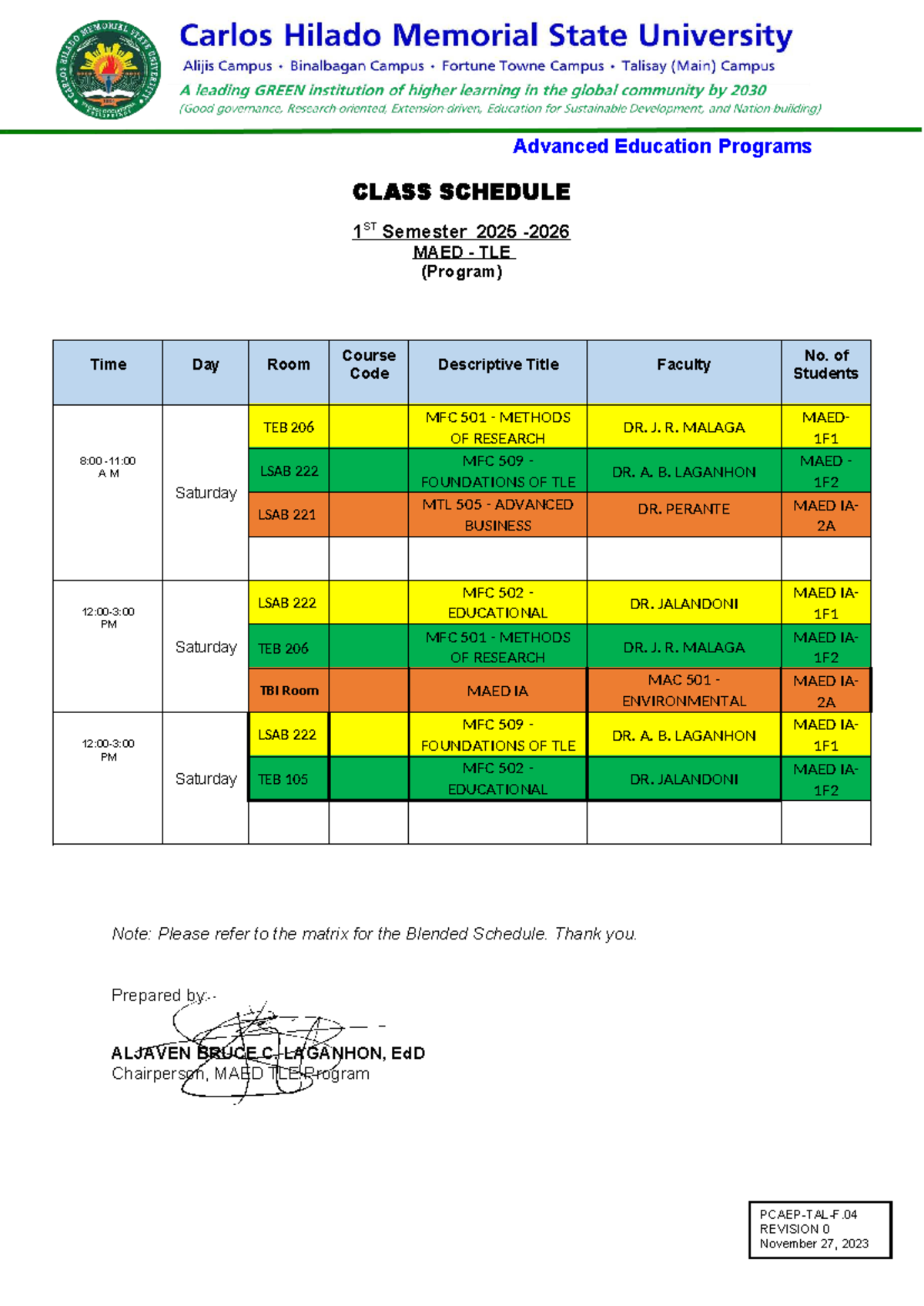 MAED TLE 1ST Semester 2025 Class Schedule and Course Details - Studocu