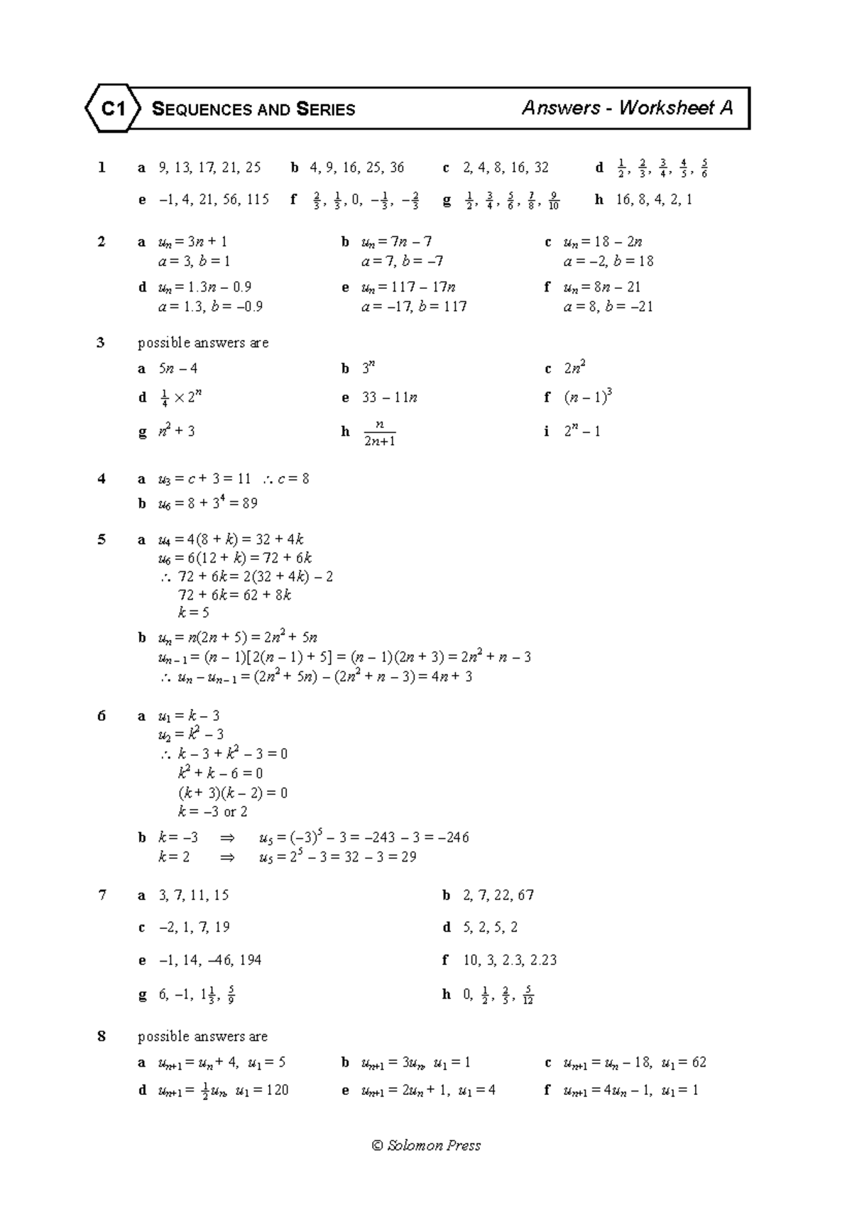 C1 - Sequences and Series Worksheet Answers - Studocu