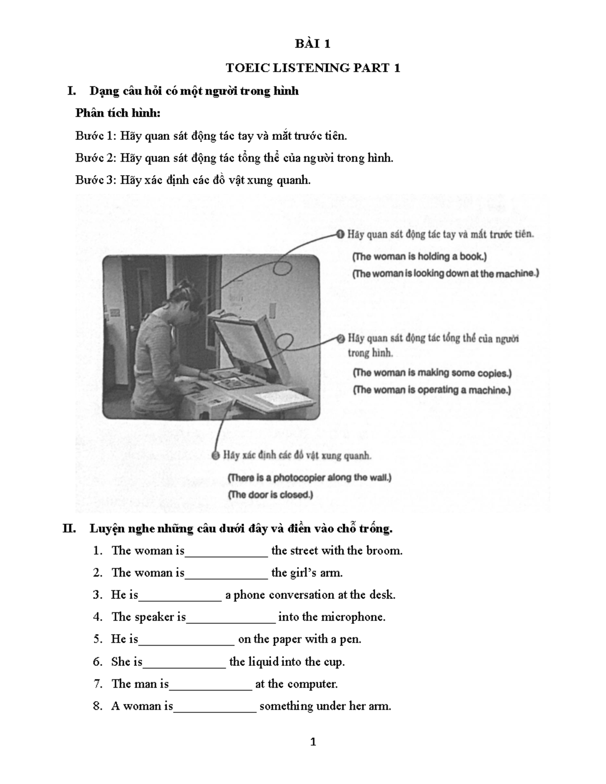 BÀI 1 TOEIC LISTENING PART 1: Phân Tích Hình Ảnh và Luyện Nghe - Studocu