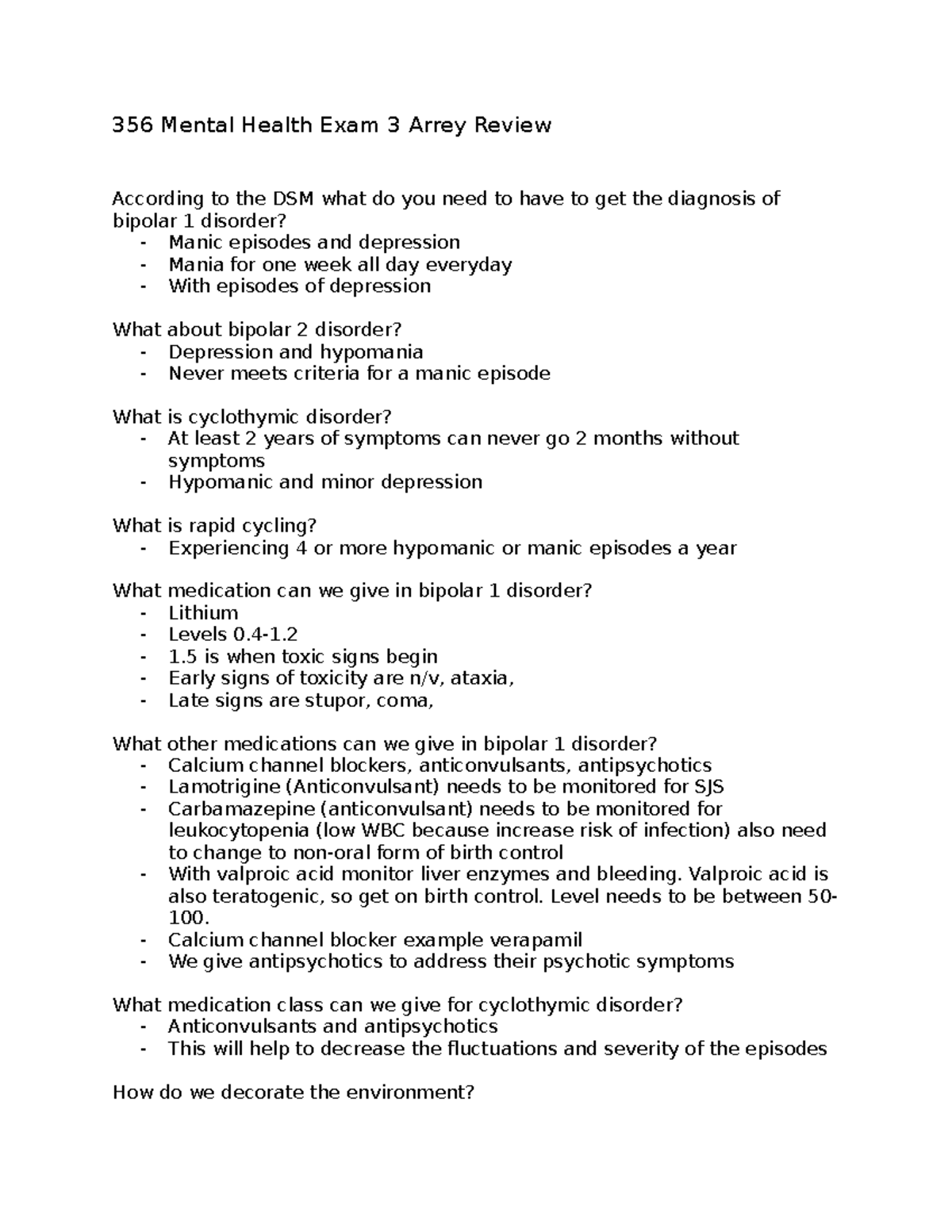 356 Mental Health Exam 3 Review Notes: Bipolar & Substance Disorders ...