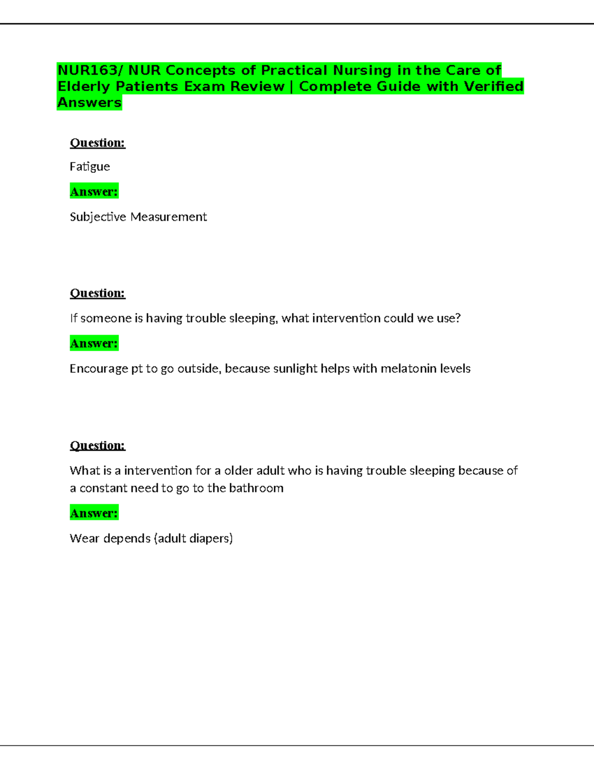 NUR 163 Final Exam Review: Key Concepts in Elderly Patient Care - Studocu