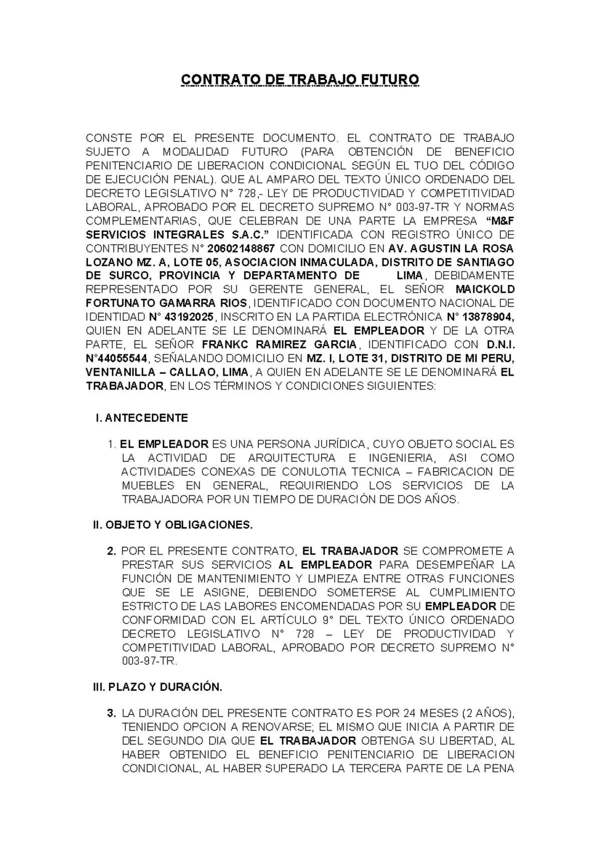Contrato de Trabajo Futuro - Modelo Legal y Condiciones Laborales - Document Preview