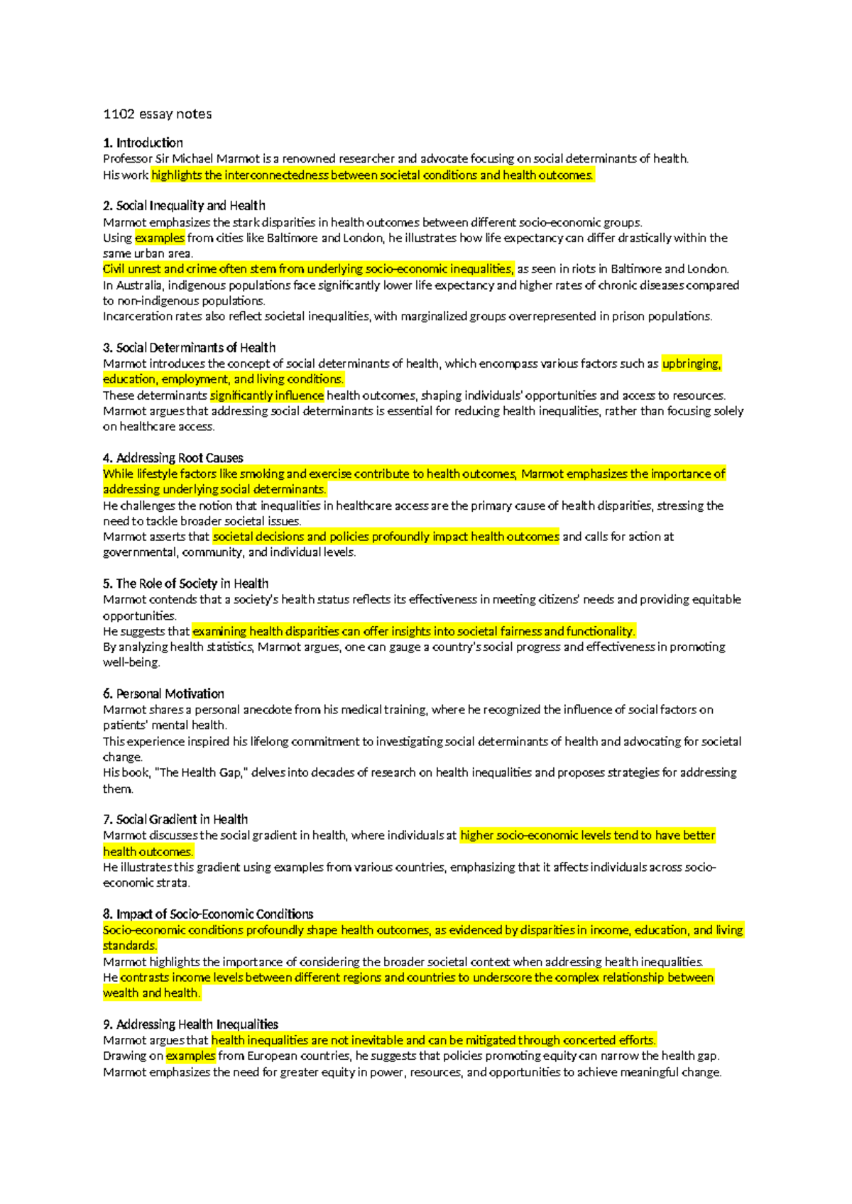 1102 Essay Notes: Social Determinants of Health by Sir Michael Marmot ...