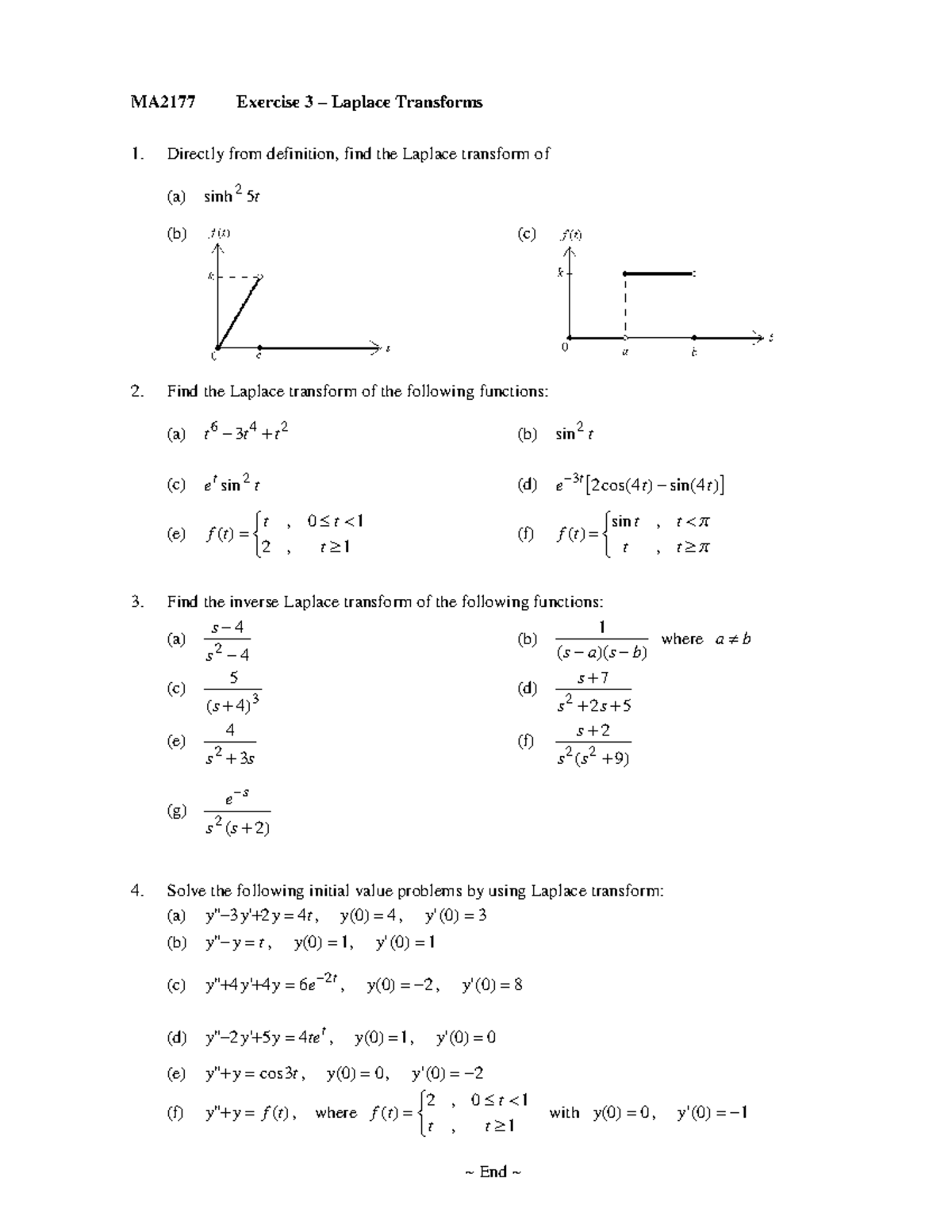 MA2177 Exercise 3: Laplace Transforms and Initial Value Problems - Studocu