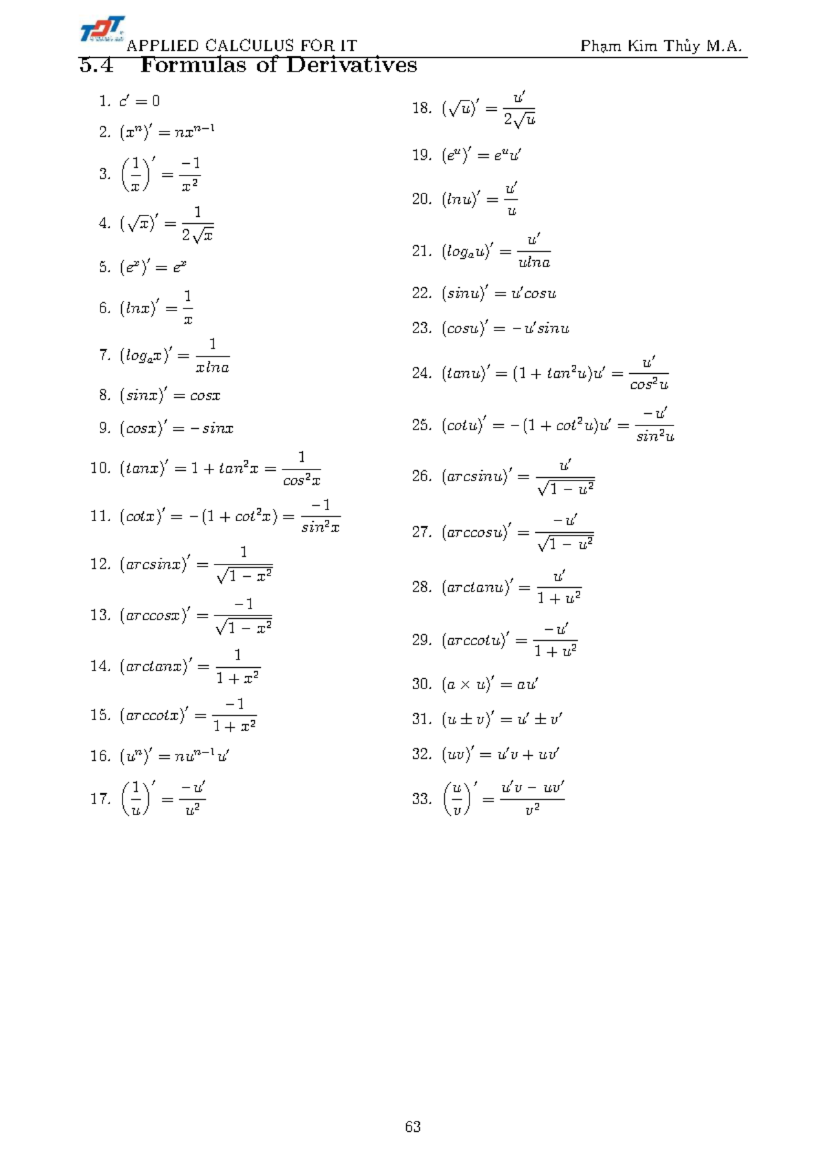 5.4 APPLIED CALCULUS FOR IT: Derivative Formulas and Rules - Studocu