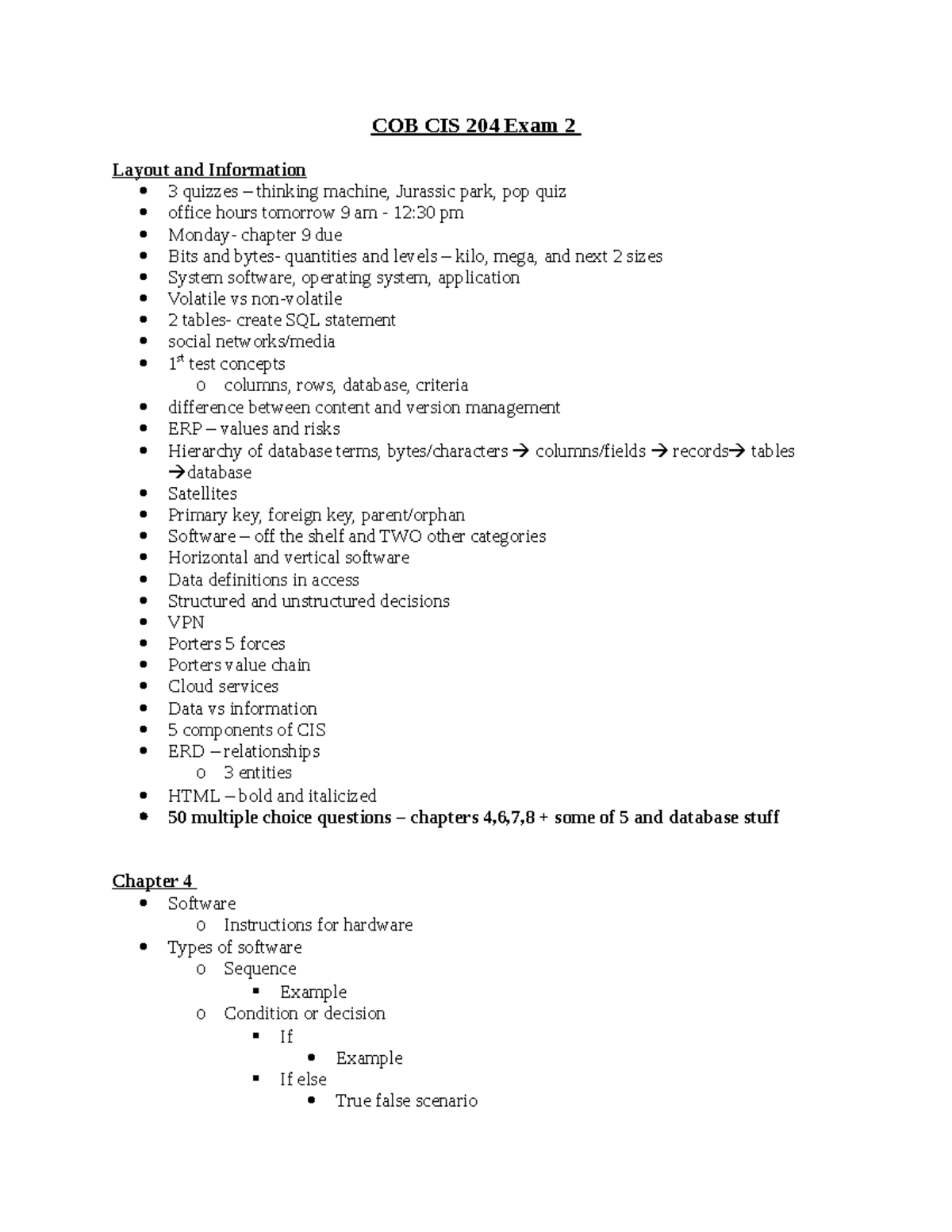 COB CIS 204 Exam 2 Study Guide: Key Concepts and Review Materials - Studocu