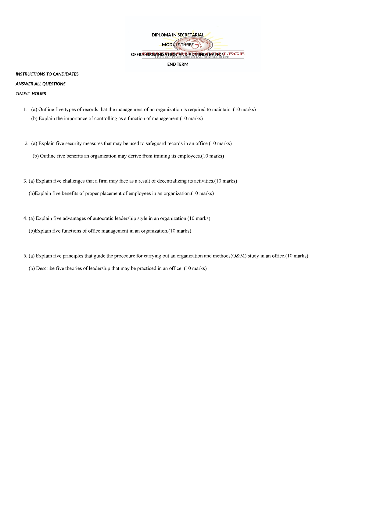 DIPLOMA IN SECRETARIAL MODULE 3: OFFICE ADMIN & MANAGEMENT EXAM - Studocu