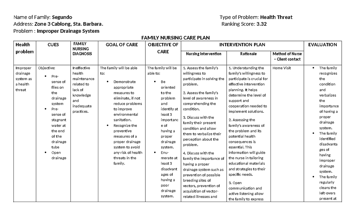 Drainage- Familyncp - Example - Name of Family: Segundo Type of Problem ...
