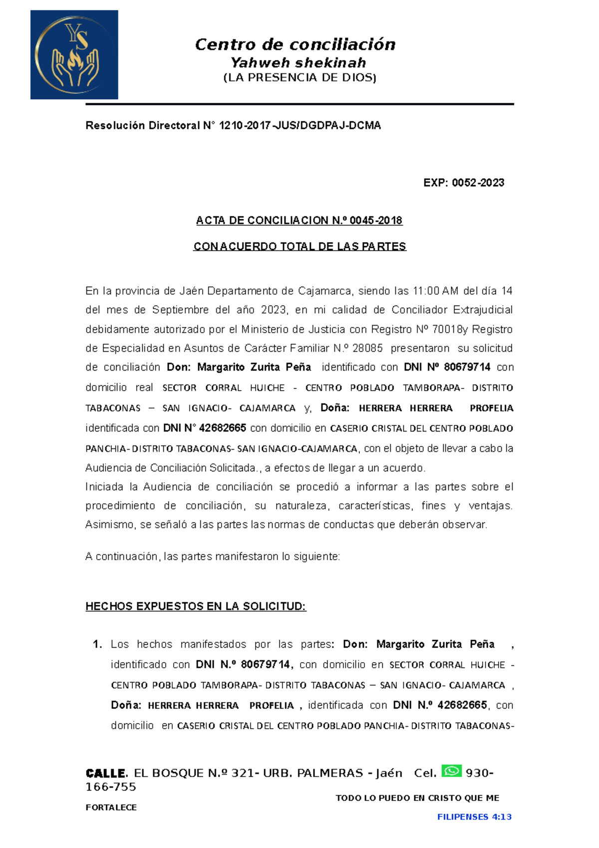 ACTA DE CONCILIACIÓN N.º 0045: Partición y División de Propiedad - Document Preview
