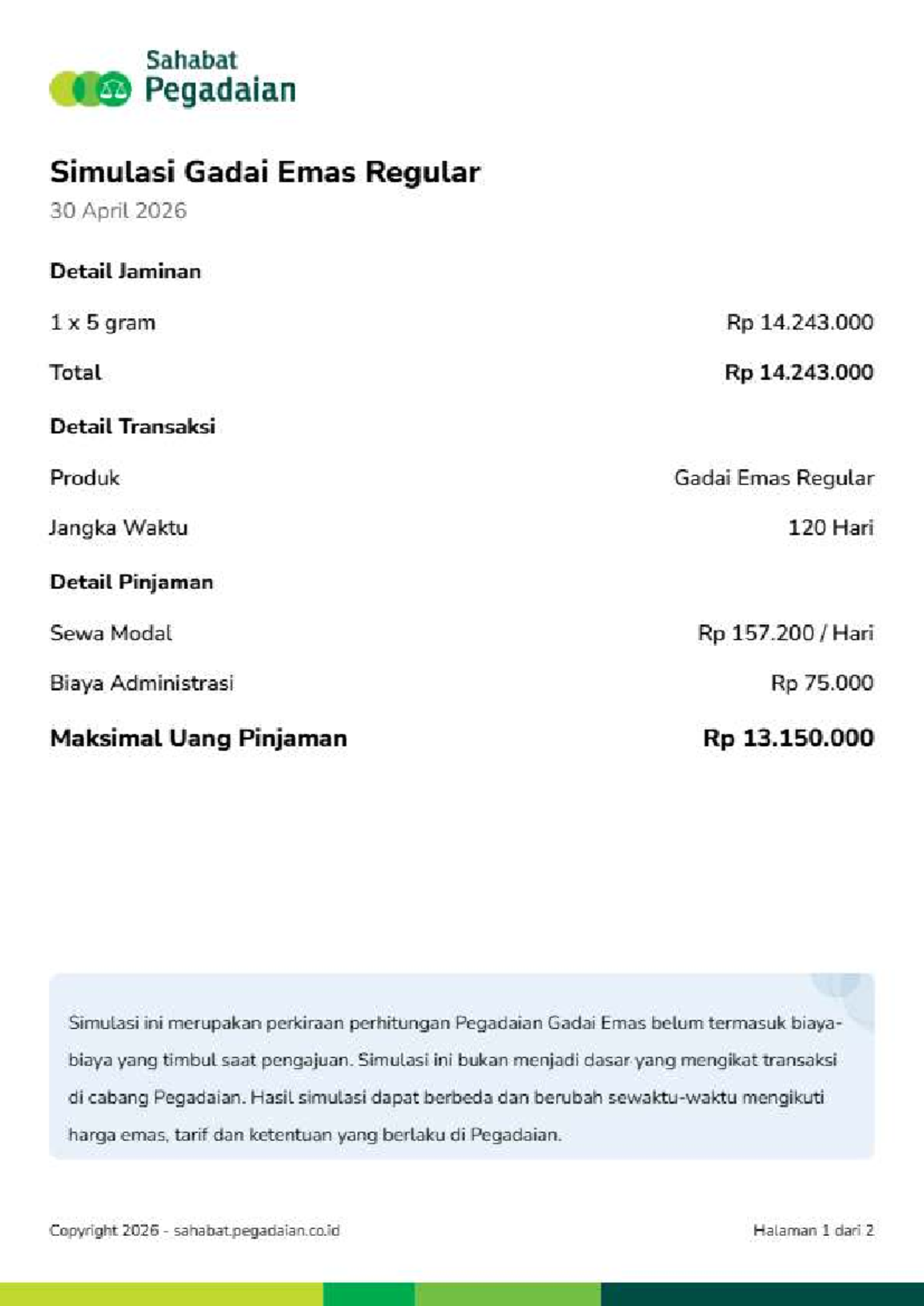 Simulasi Gadai Emas Regular - Sahabat 30 April 2026 - Studocu