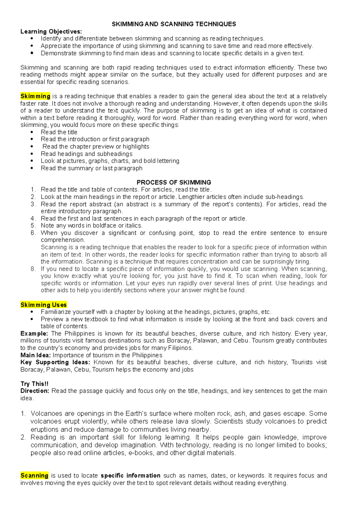 SKIMMING AND SCANNING TECHNIQUES: Lecture Notes for Effective Reading ...