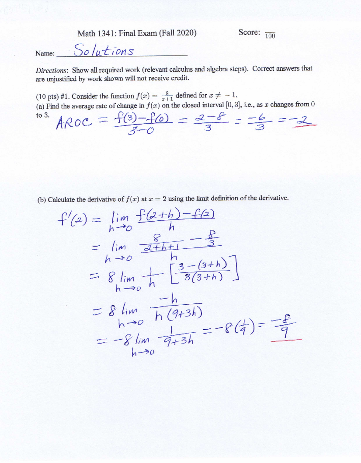 Math 1341 Final Exam Solutions - Fall 2020 (Score: 799) - Studocu