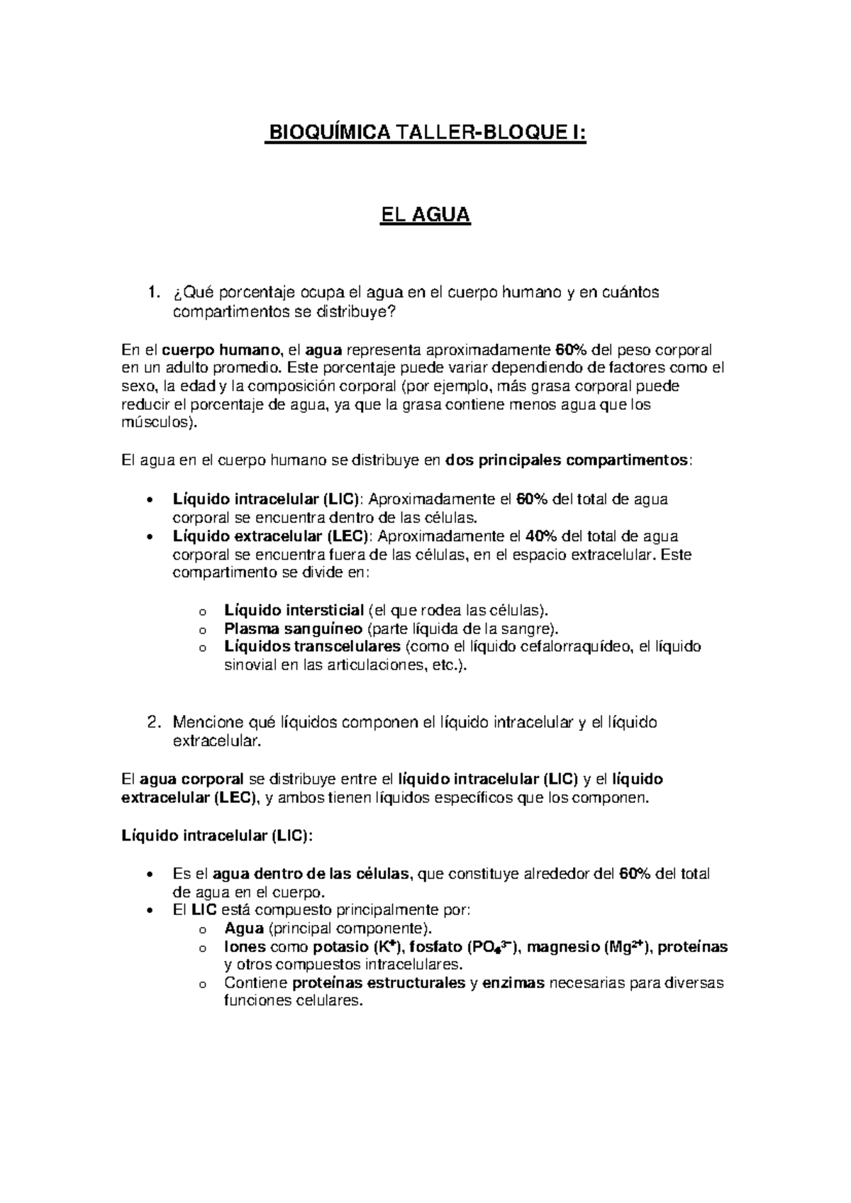 BIOQUÍMICA I: EL AGUA - Taller Bloque 1 y Funciones en el Cuerpo Humano ...