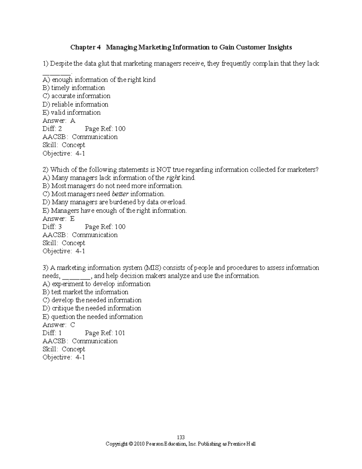 Chapter 4 - 테스트뱅크 - 133 Chapter 4 Managing Marketing Information to ...