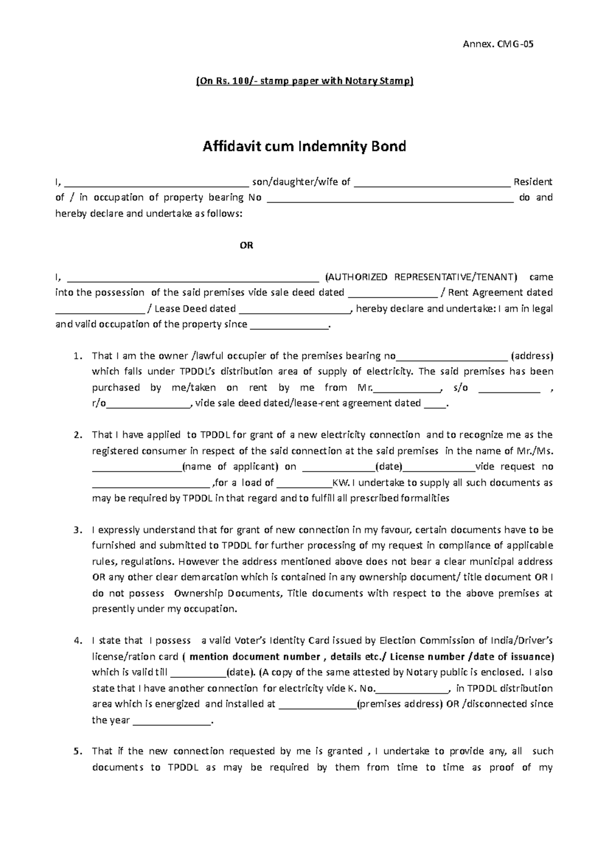 Indemnity Bond Template for Electricity Connection Application - Studocu
