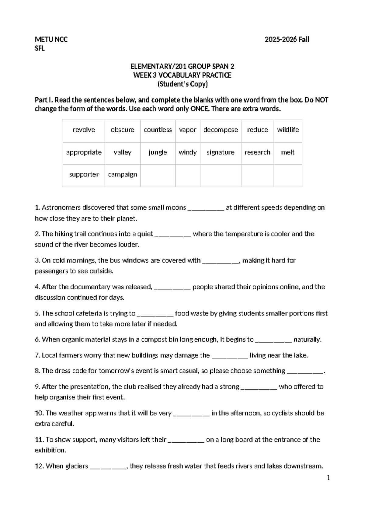 METU NCC SFL Fall Elem Vocab Ex-Span 2 Week 3 Practice - Studocu