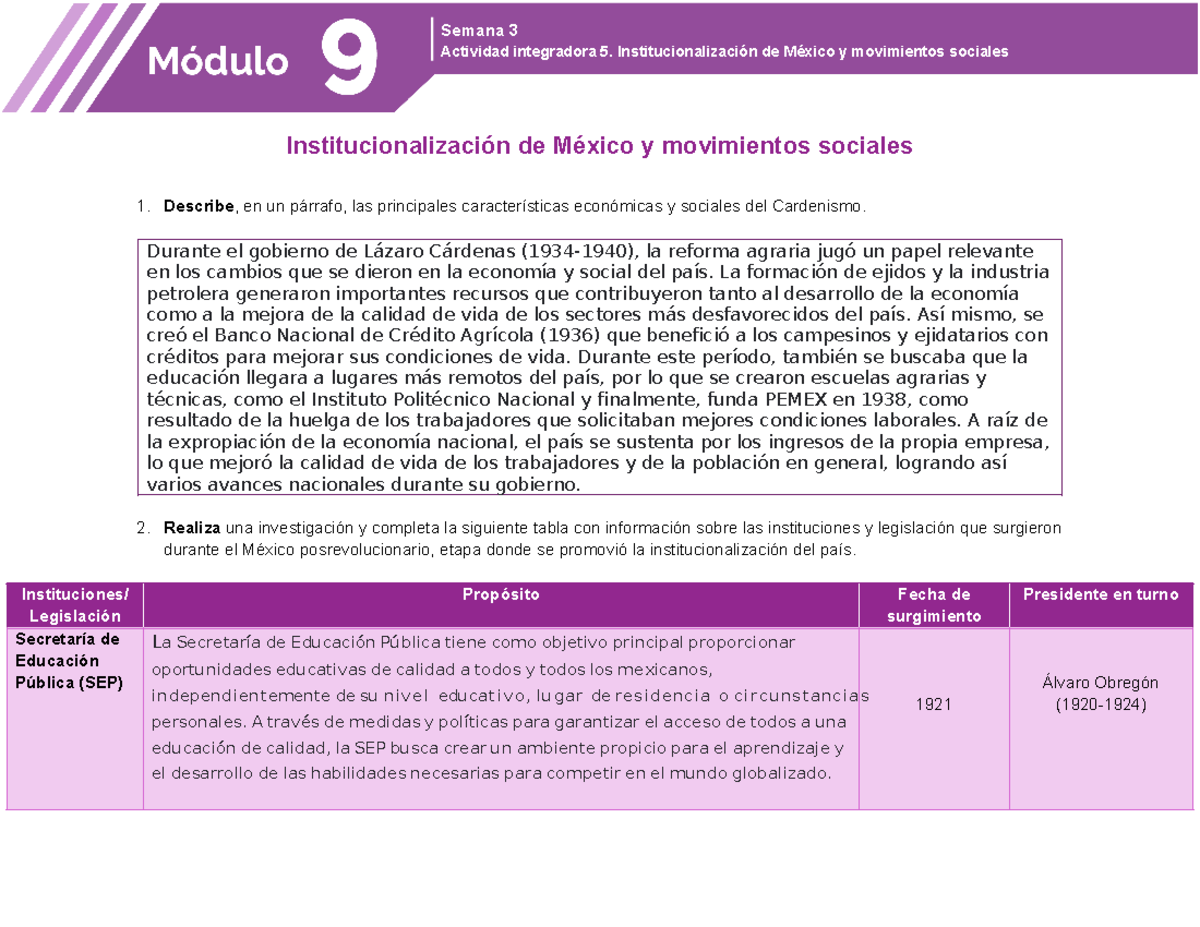Actividad Integradora 5: Institucionalización y Movimientos Sociales en