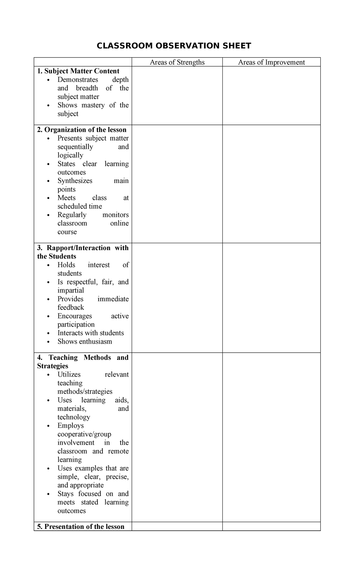Classroom Observation Sheet FOR Documented Teaching Demonstration ...