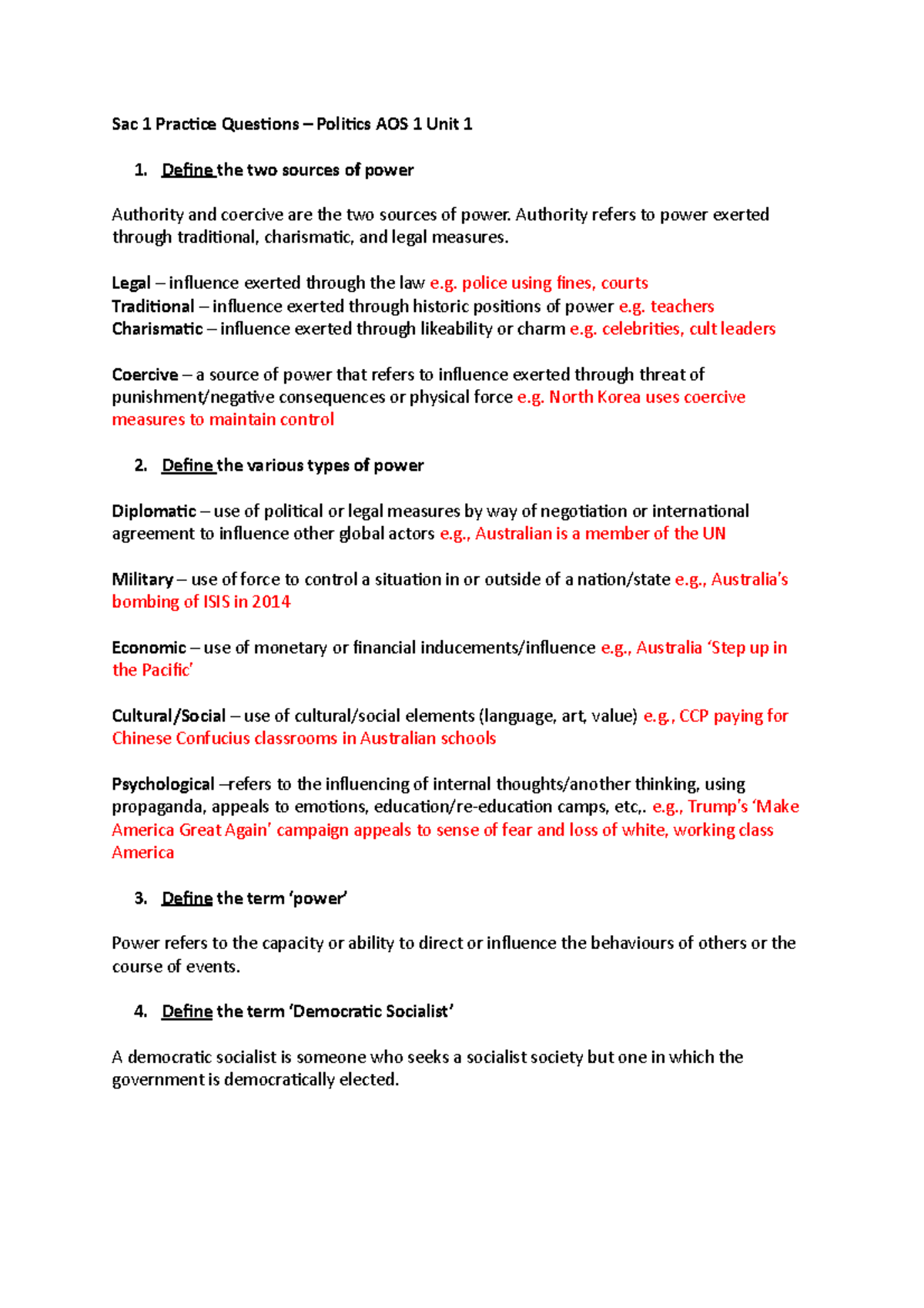 SAC 1 Practice Questions - Politics AOS 1 Unit 1 Overview - Studocu
