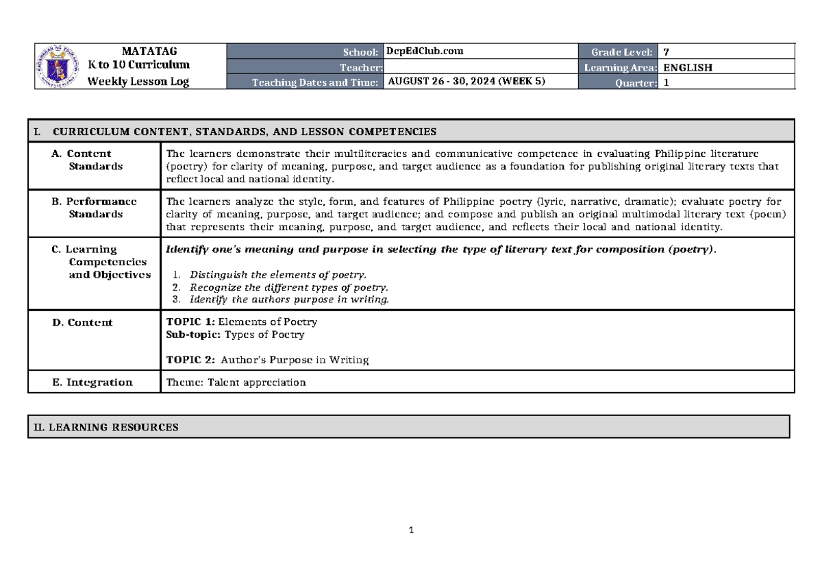 MATATAG K to 10 Curriculum Weekly Lesson Log I: English 7 Q1 W5 - Studocu