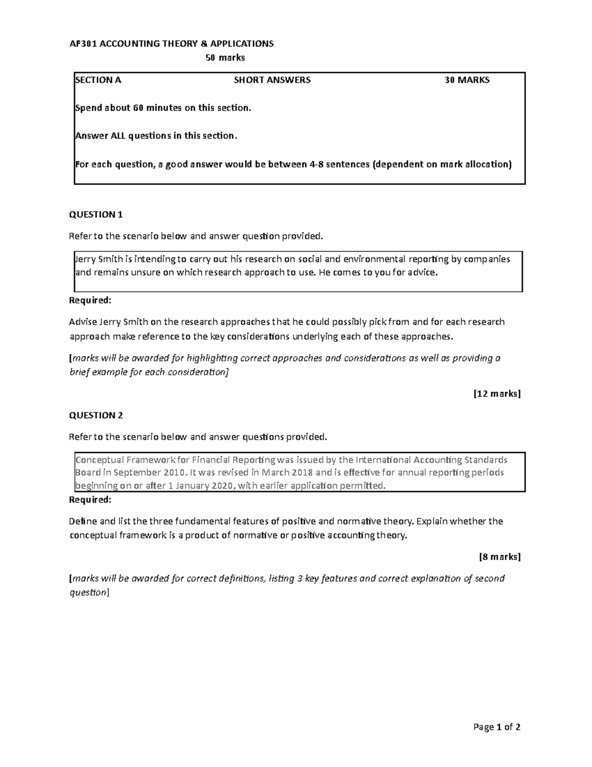 AF301 Midterm Exam 1-2: Accounting Theory & Applications (50 Marks ...