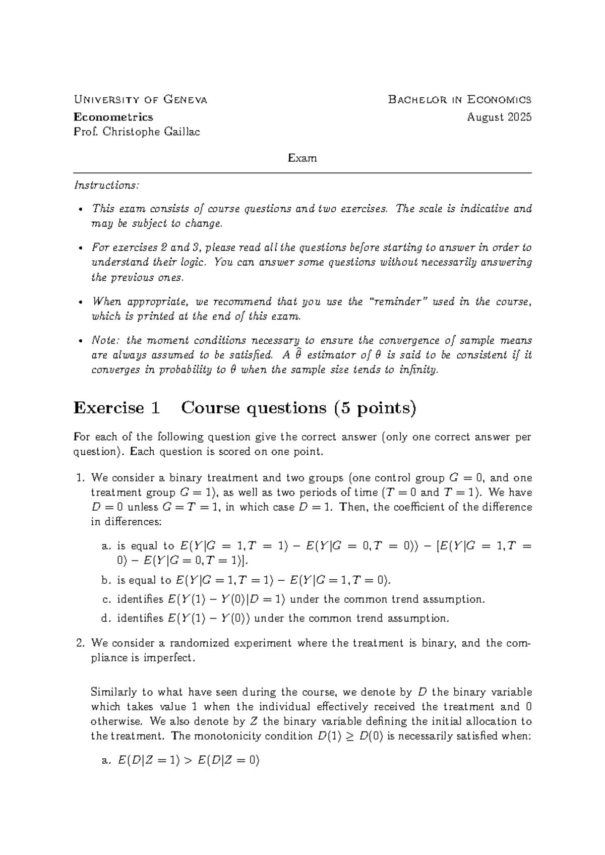 Econometrics Exam Instructions - University of Geneva (Aug 2025) - Studocu