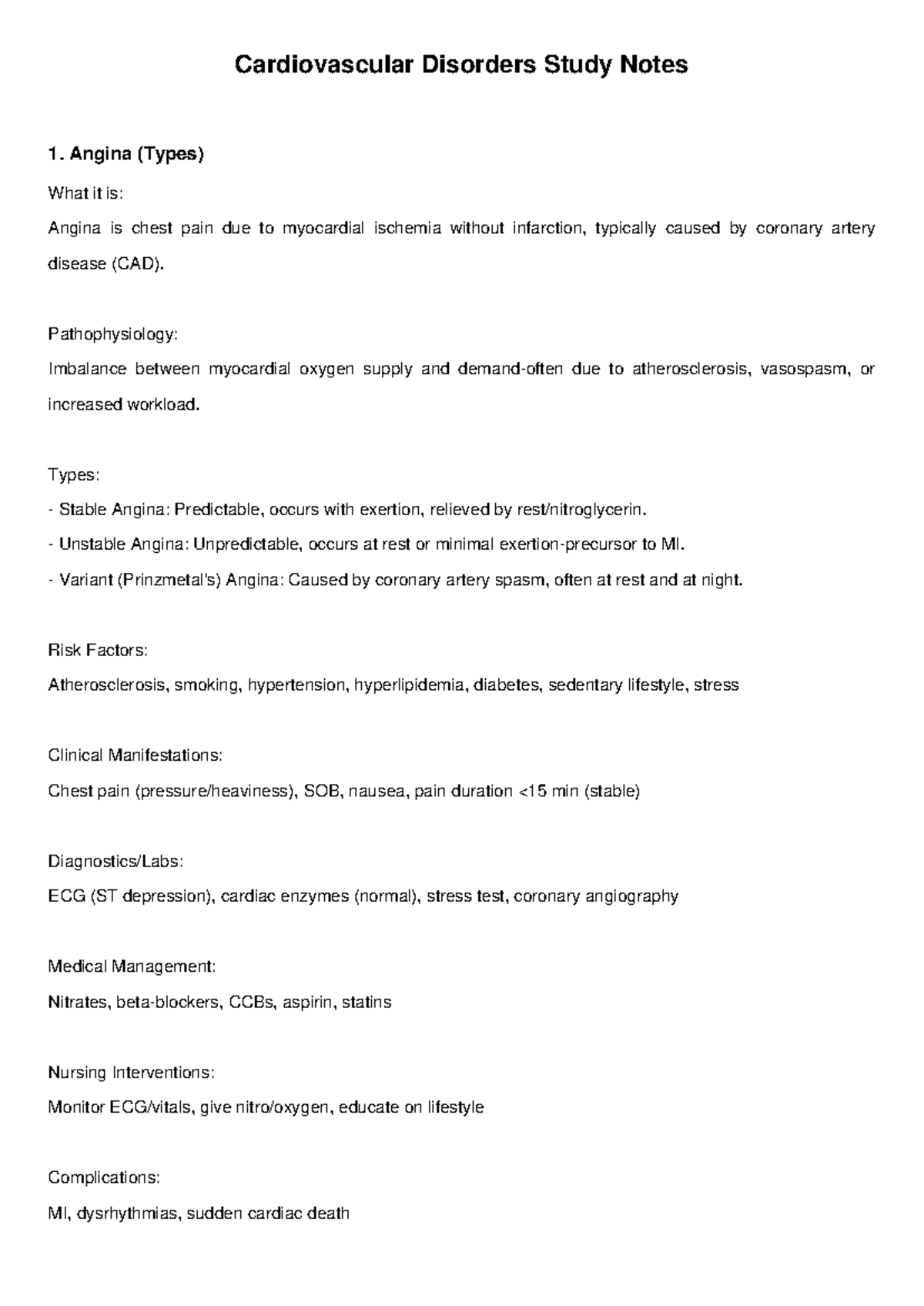 Cardiovascular Disorders Study Notes: Angina & Myocardial Infarction ...