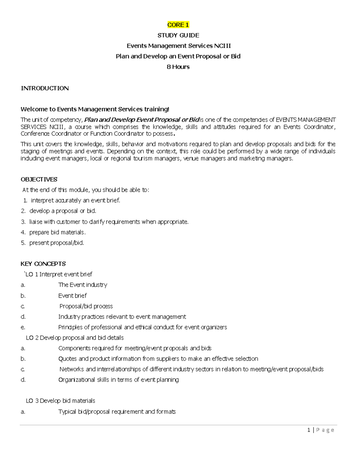 CORE 1 STUDY GUIDE: Planning & Developing Event Proposals - Studocu