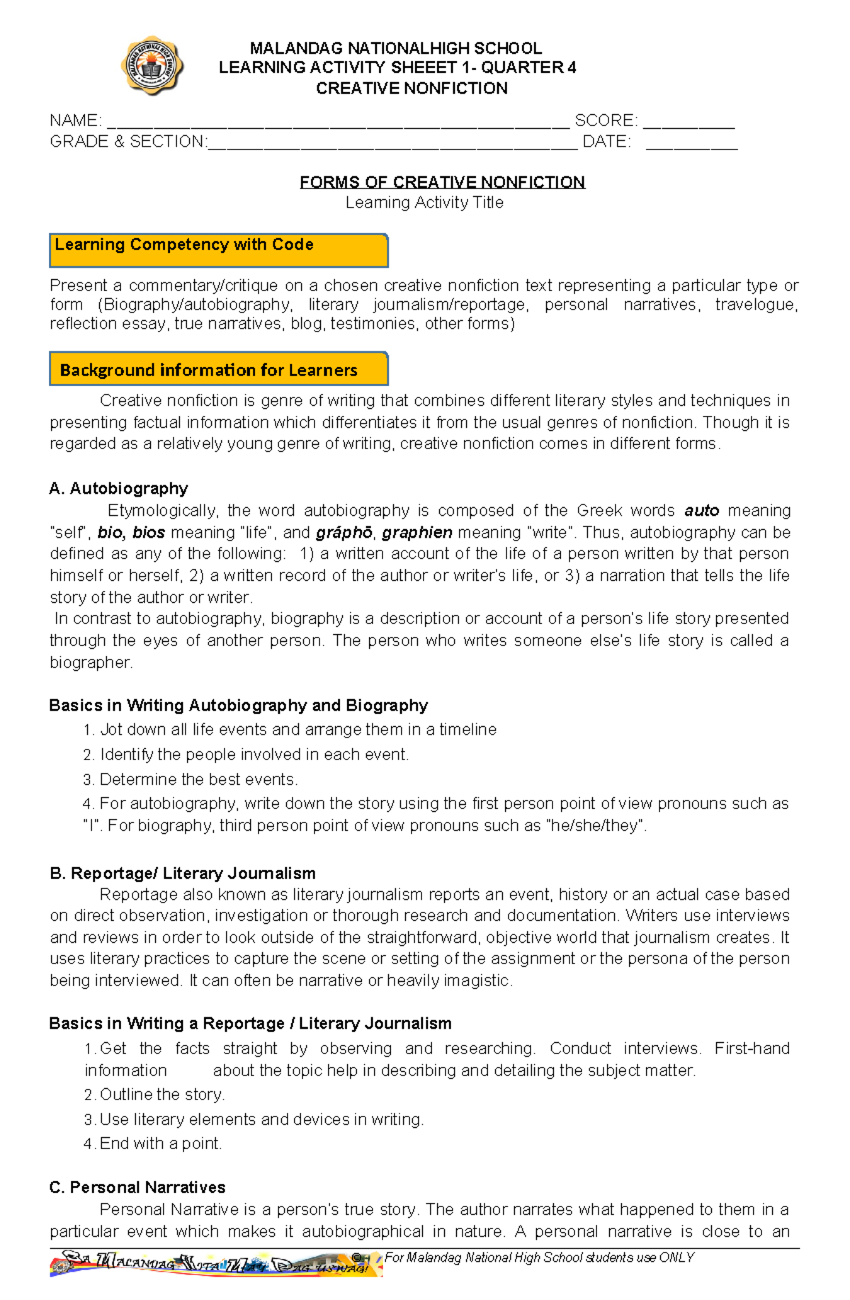 Creative Nonfiction Learning Activity Sheet 1 - Q4 - MALANDAG HS - Studocu