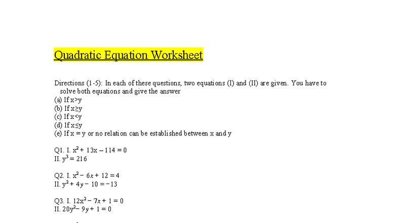 Quadratic Equations Worksheet: Solving Systems of Equations - Studocu