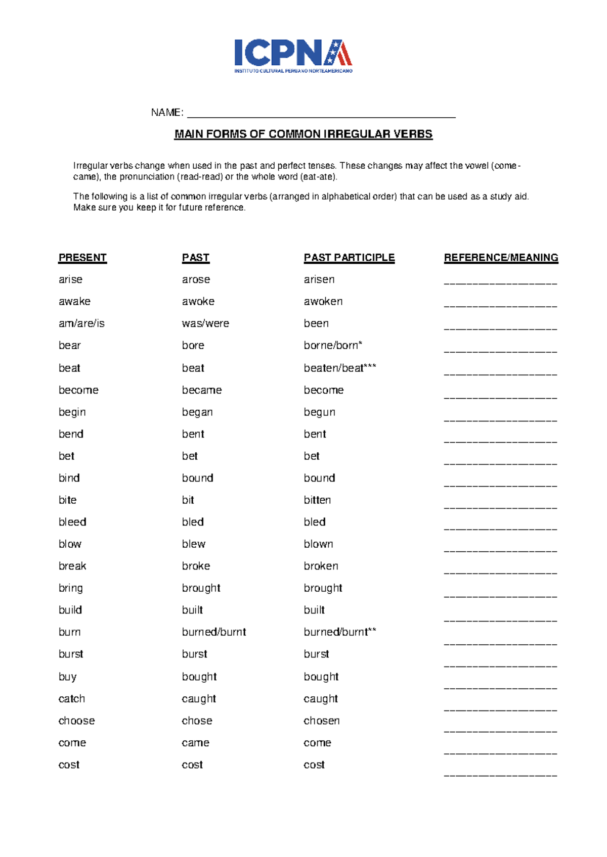 Irregular Verbs Study Guide - ICPNA - Studocu
