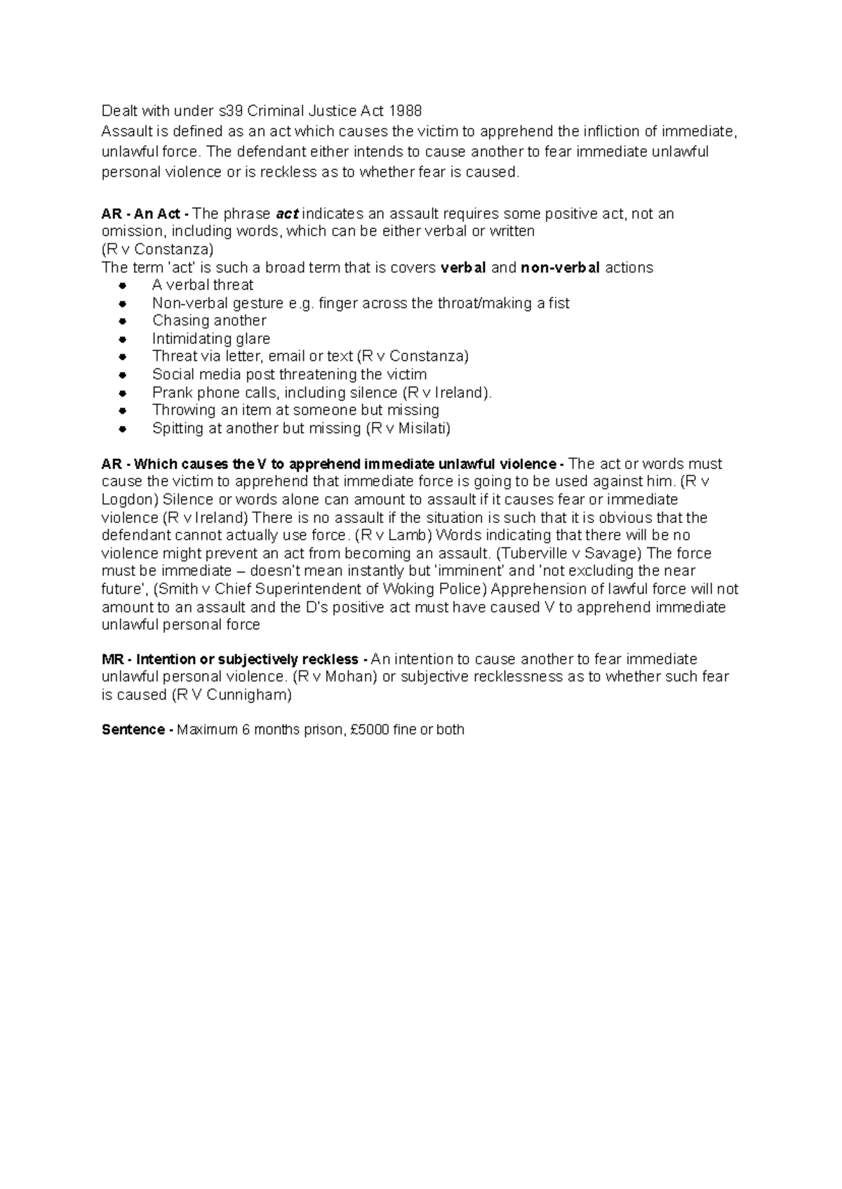 Assault AO1: Understanding s39 Criminal Justice Act 1988 - Studocu