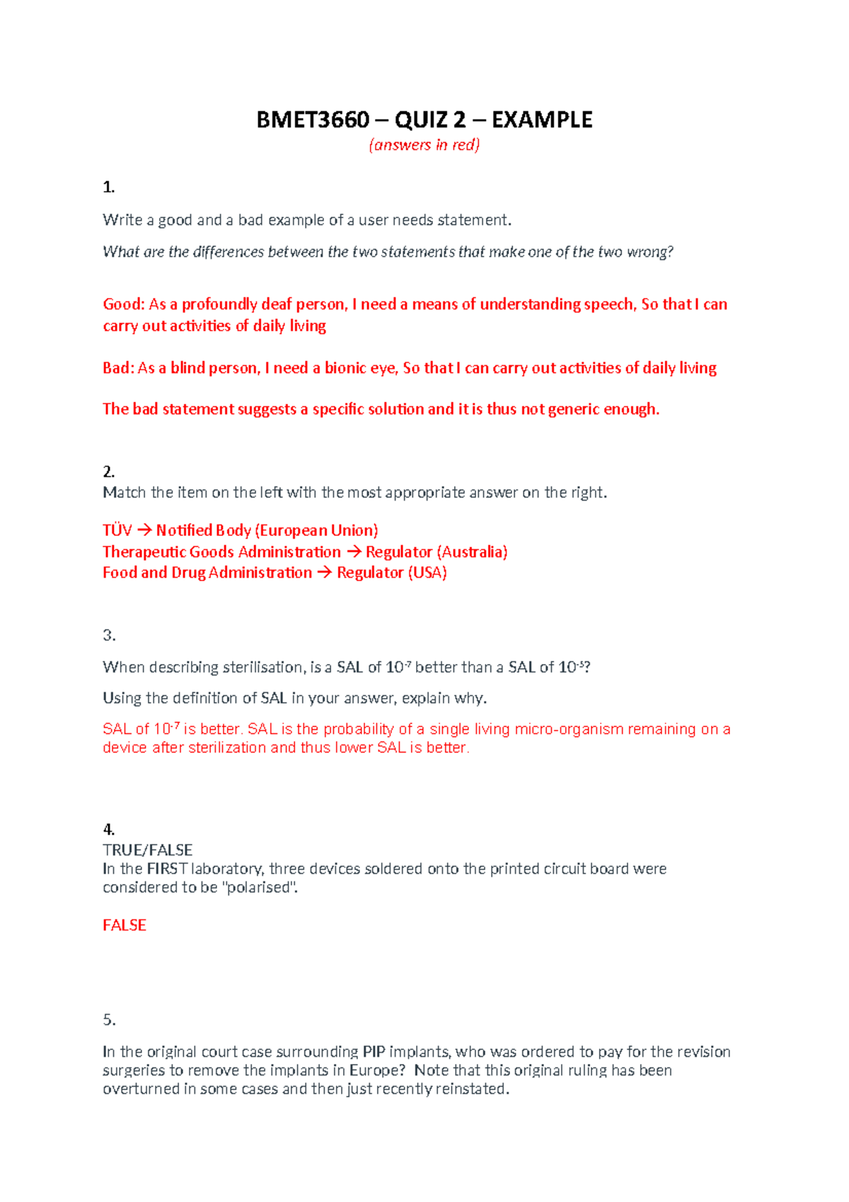 BMET3660 QUIZ 2 EXAMPLE (Answers Highlighted) - Studocu