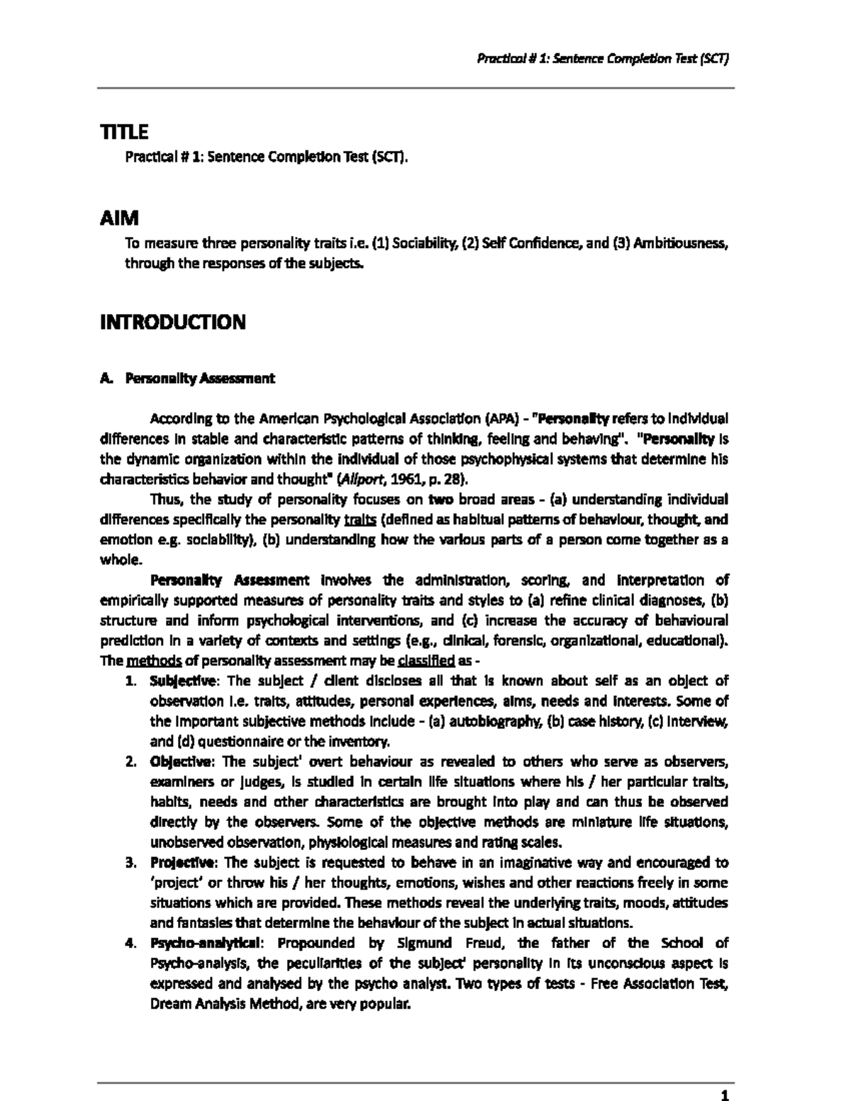 Practical 1: Sentence Completion Test (SCT) Analysis and Findings - Studocu