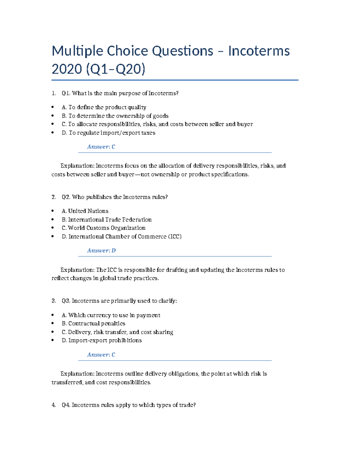 Incoterms 2020 MCQs Review for Exam Preparation - Studocu