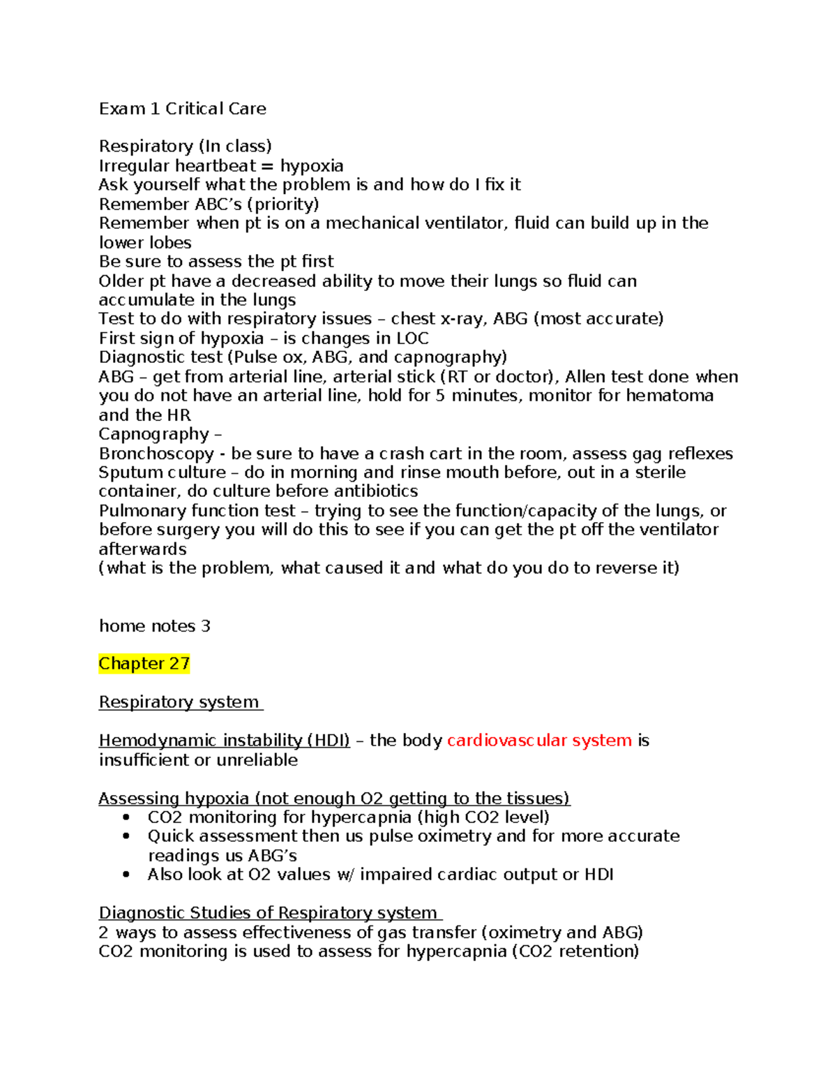 Exam 1-1 Critical Care - Notes on the class - Exam 1 Critical Care ...
