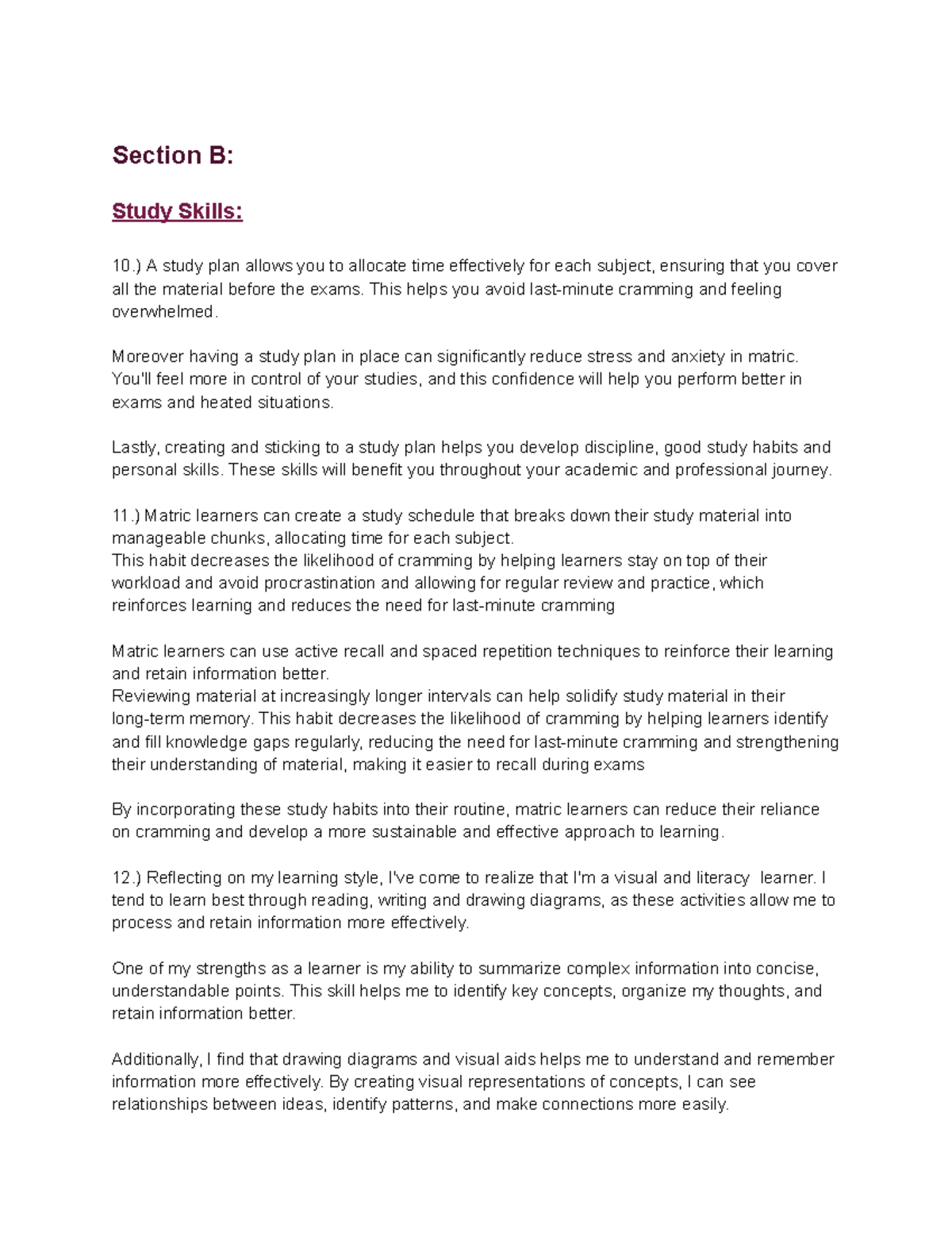 Section B- LO Project: Study Skills & Effective Learning Strategies ...