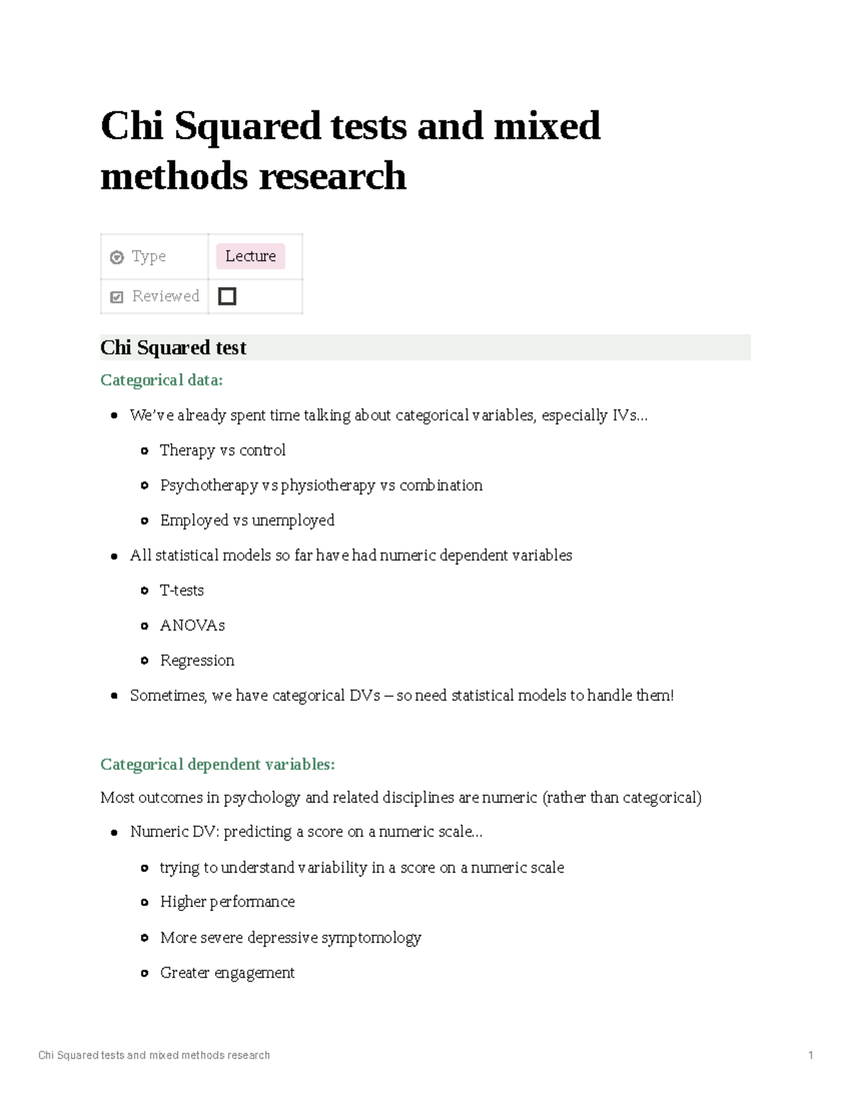 Chi Squared Tests & Mixed Methods Research Lecture Notes - Studocu