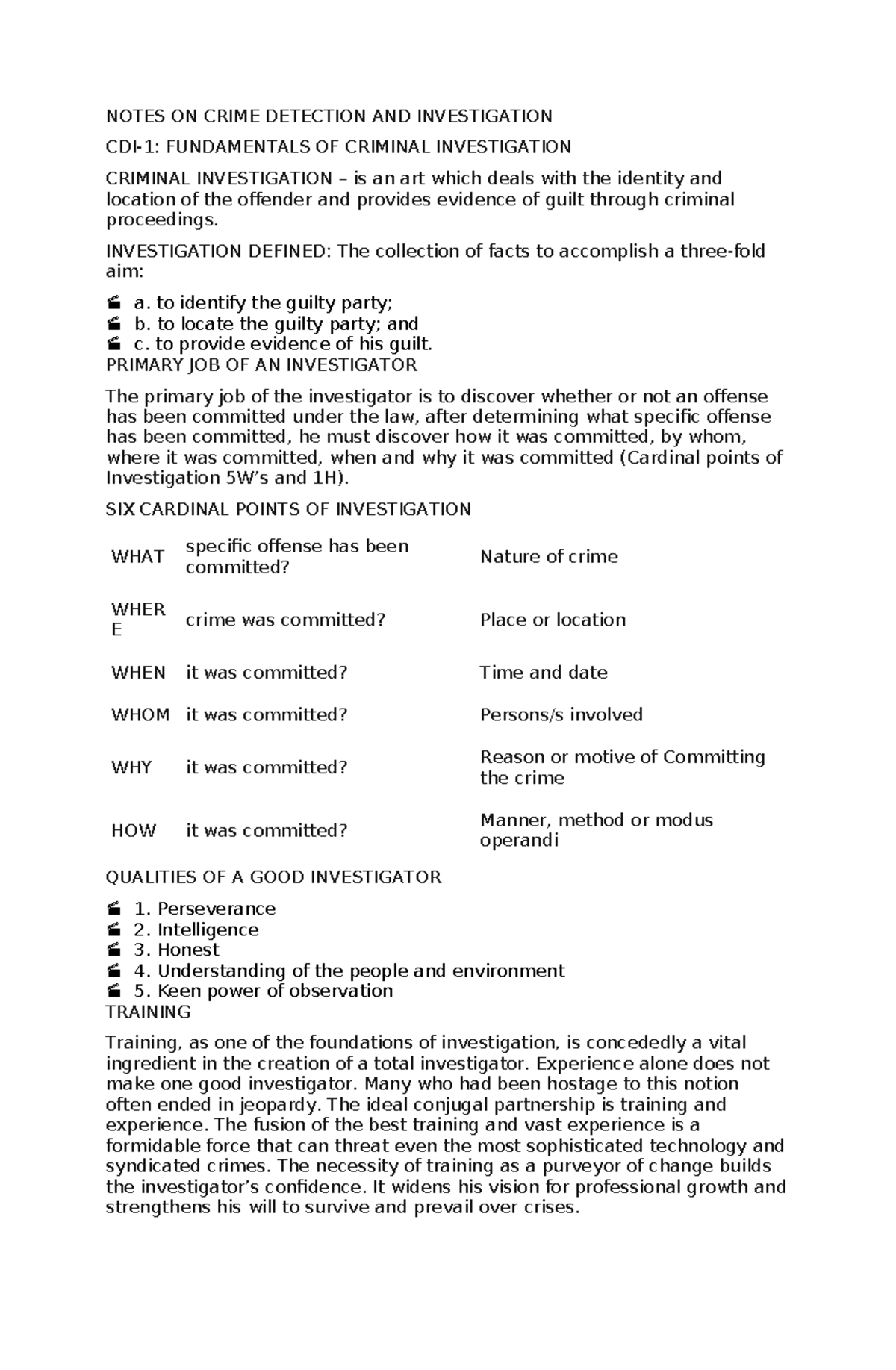 NOTES ON CRIME DETECTION AND INVESTIGATION (CRIMINAL INVESTIGATION ...