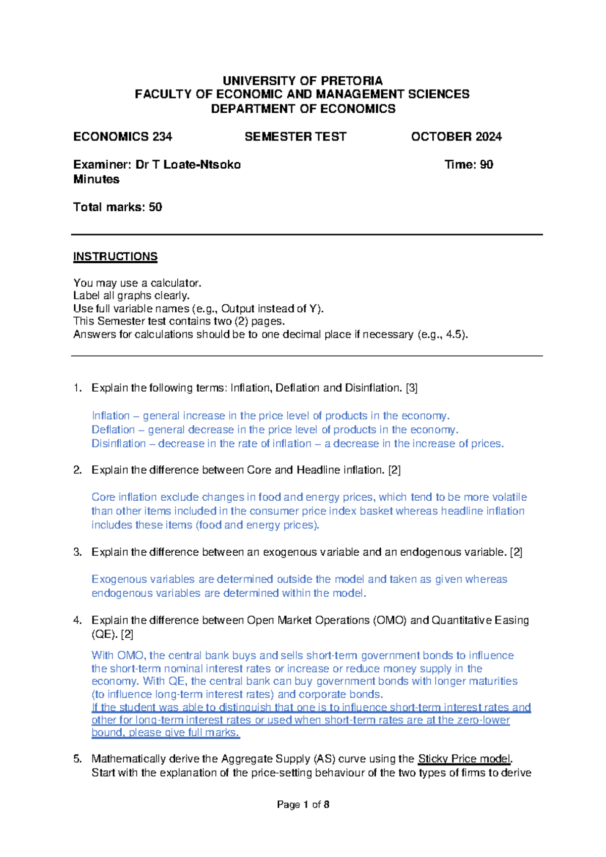 EKN 234 Semester Test 2 with Memo - October 2024 Analysis - Studocu