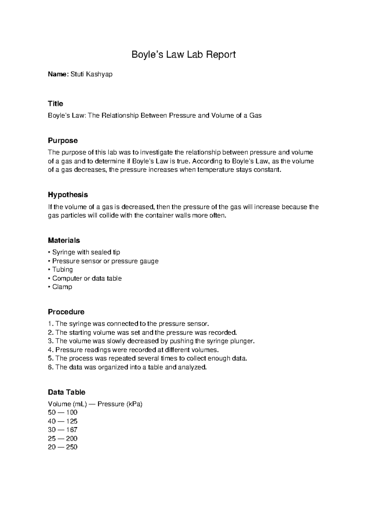 Boyle's Law Lab Report: Pressure-Volume Relationship Analysis - Studocu