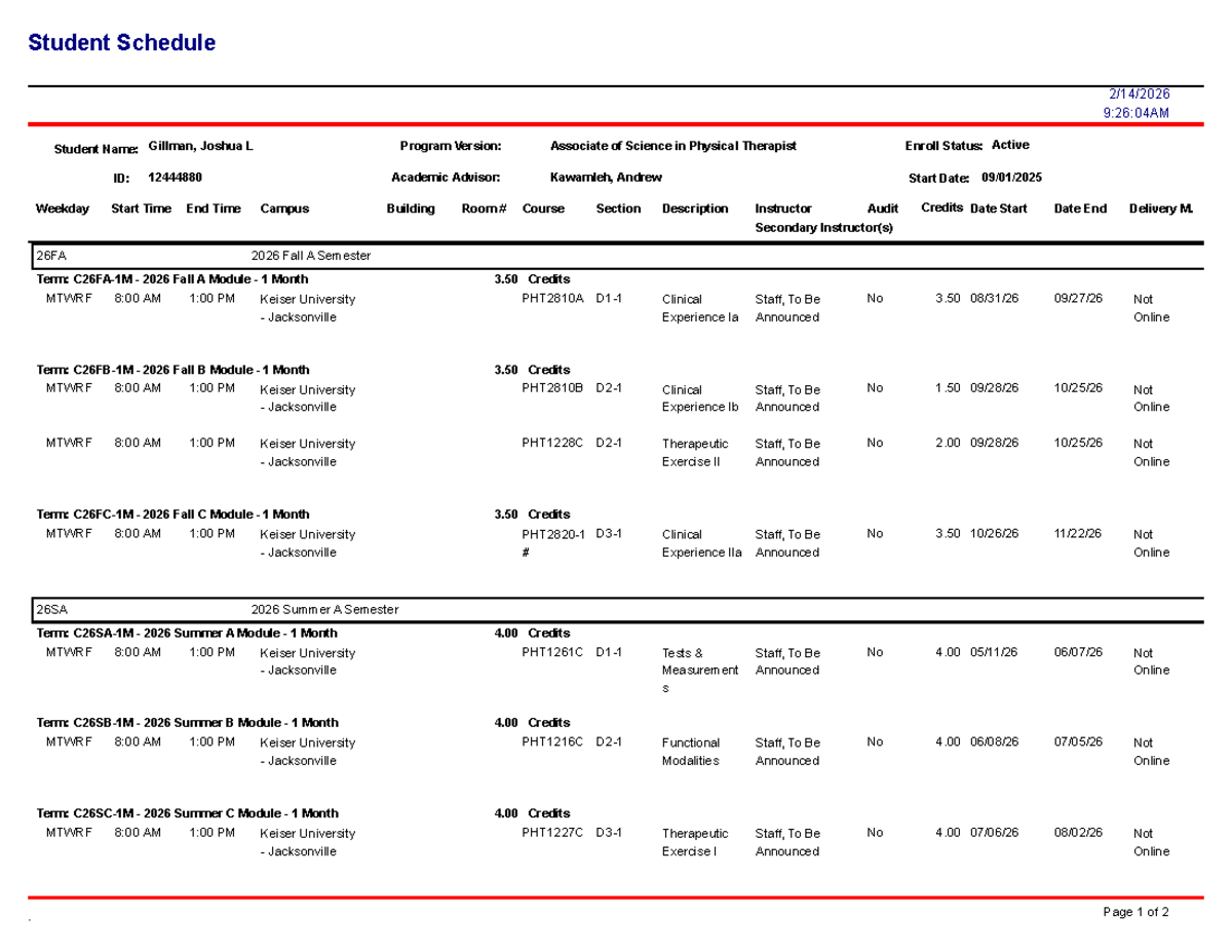 PHT Schedule Report for 2026 Fall & Summer Semesters - Studocu