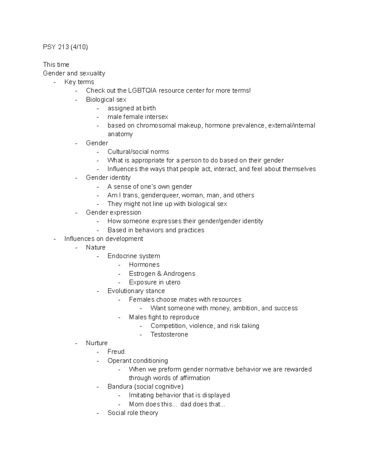 Gender and Sexuality Overview - PSY 213 Lecture Notes - PSY 213 (4/10 ...