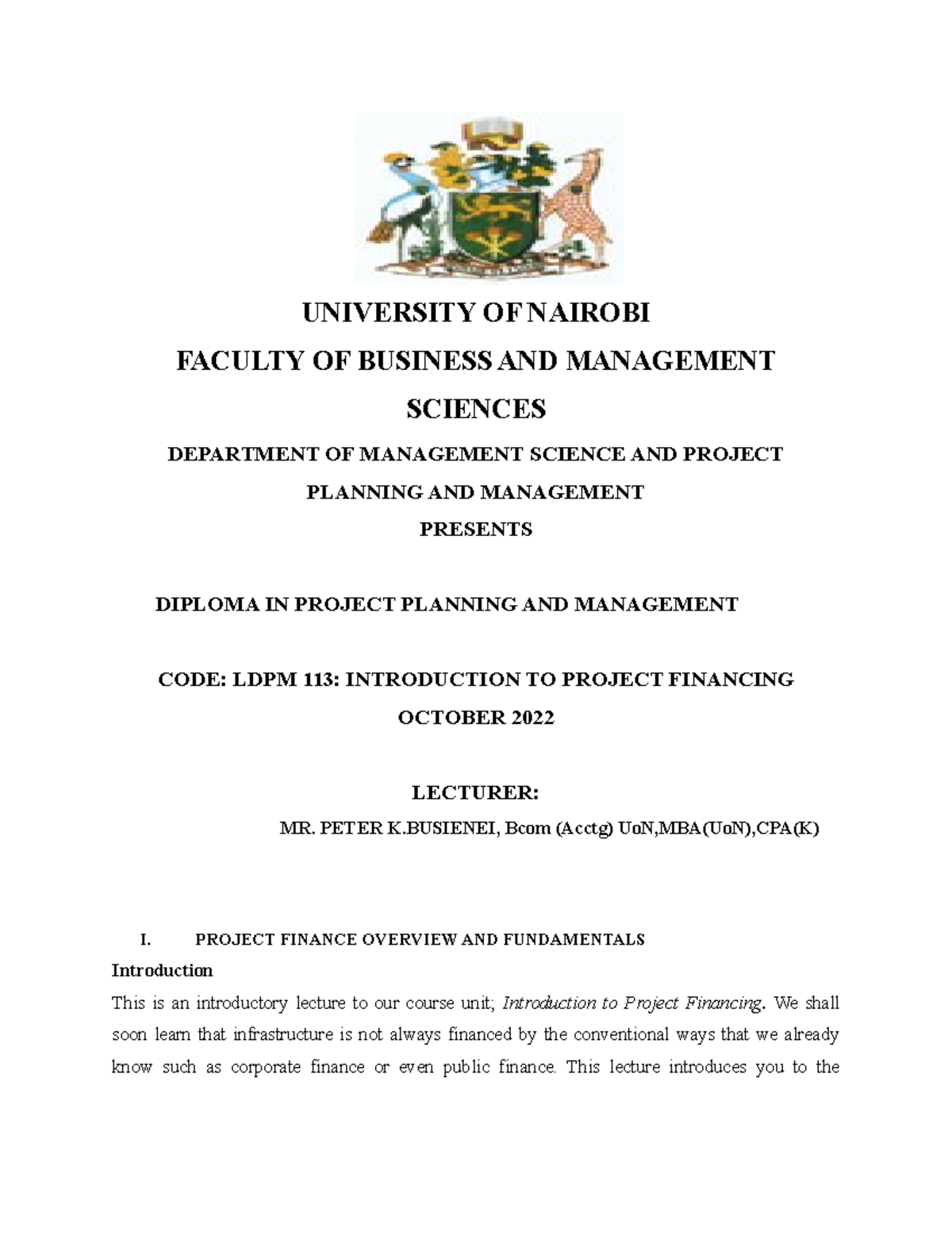 Introduction to Project Financing - LDPM 113 Lecture Notes - Studocu