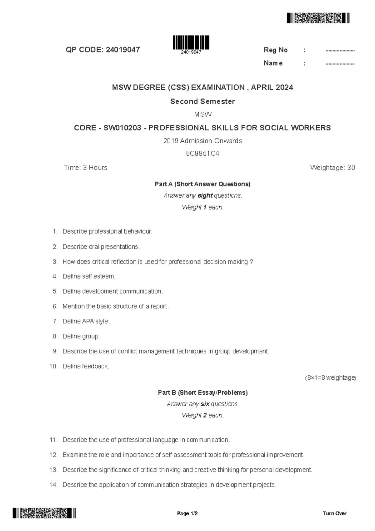 SW010203 Professional Skills for Social Workers - Exam QP April 2024 ...