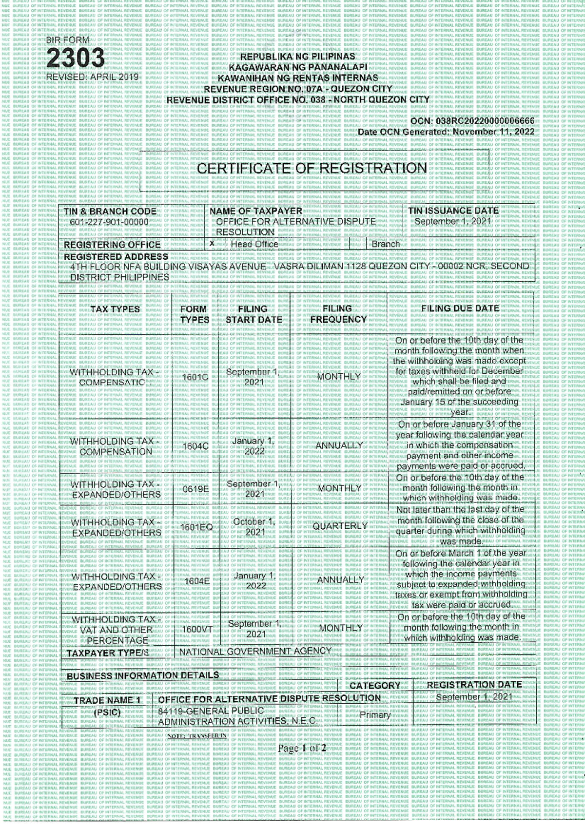 BIR Form 2303: Certificate of Registration Guidelines - Studocu