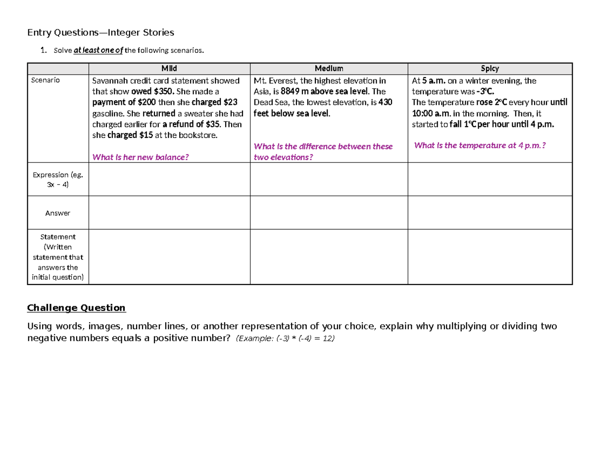 Entry Questions—Integer Stories: Scenarios & Challenges - Studocu